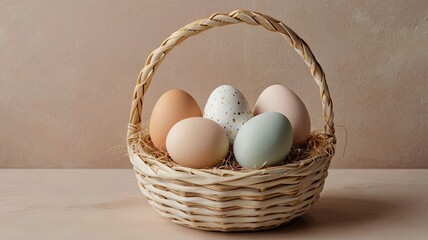Unusual and vibrant Easter egg basket in macro photography, featuring bright colors, textures, and a festive atmosphere. Perfect as a background or decorative base.