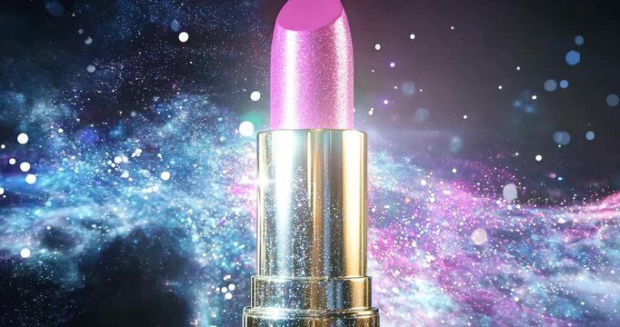 Vibrant lipstick unveiling with dynamic sparkling effects and shimmering colors