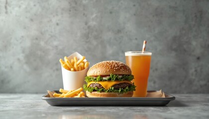 Fast food combo meal burger fries drink. Arranged tray highlights convenience. Cheeseburger with beef cheese lettuce tomatoes. French fries. Quick snack for lunch dinner. Perfect for takeout