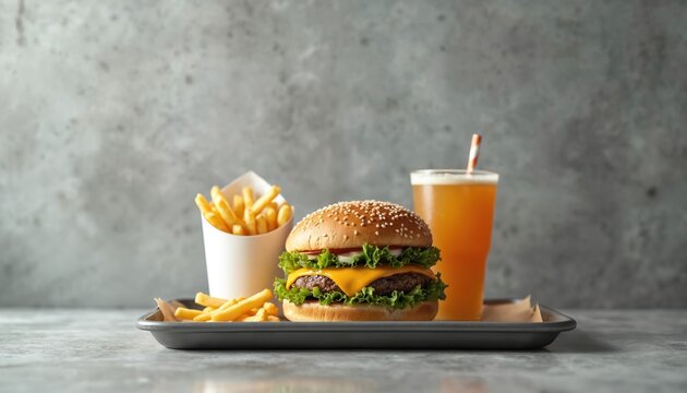Fast food combo meal burger fries drink. Arranged tray highlights convenience. Cheeseburger with beef cheese lettuce tomatoes. French fries. Quick snack for lunch dinner. Perfect for takeout