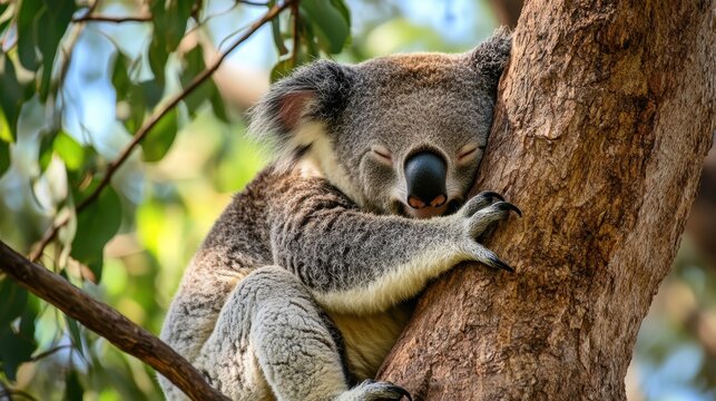 A sleepy koala clings to a eucalyptus tree, eyes closed in peaceful slumber amidst green foliage