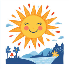 Cheerful sun with smiling face, bright rays, and scenic landscape