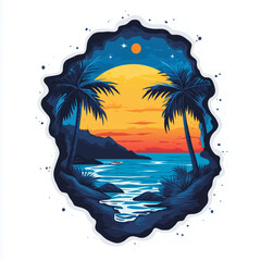 serene beach scene with palm trees, vibrant sunset, and calm waters evokes tranquility