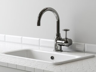 Modern Chrome Faucet Over White Sink with Clean Lines and Surface