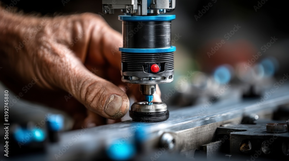 Poster close up of a hand using a precision tool on a metallic surface, showcasing intricate details and cr