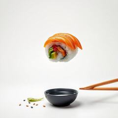 Flying Sushi Roll with Salmon and Soy Sauce