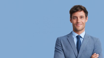 Smile of confidence from a man in a light blue suit against a solid background at a professional setting.