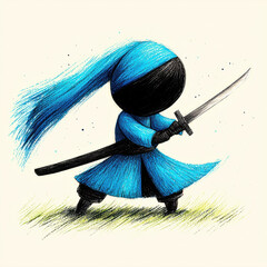 stylized illustration of swordfighter in blue outfit, holding katana with dynamic pose, exuding determination
