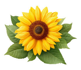 Obraz premium Bright yellow sunflower with green leaves display isolated on transparent background