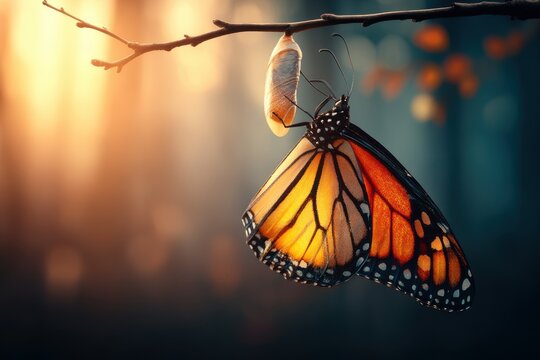A vibrant Monarch butterfly emerges from its chrysalis, clinging to a bare branch against a softly blurred, ethereal sunset backdrop, showcasing the miracle of transformation.