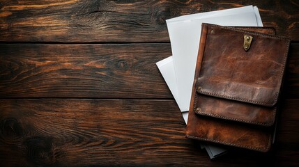 Fototapeta premium Leather satchel and papers on a wooden surface