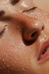 Close up of Sweaty Face Woman s Skin with Freckles Glowing Dewy Health