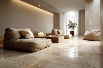 Fototapeta premium Elegant Beige Modular Tiles in Modern Living Room Floor Design