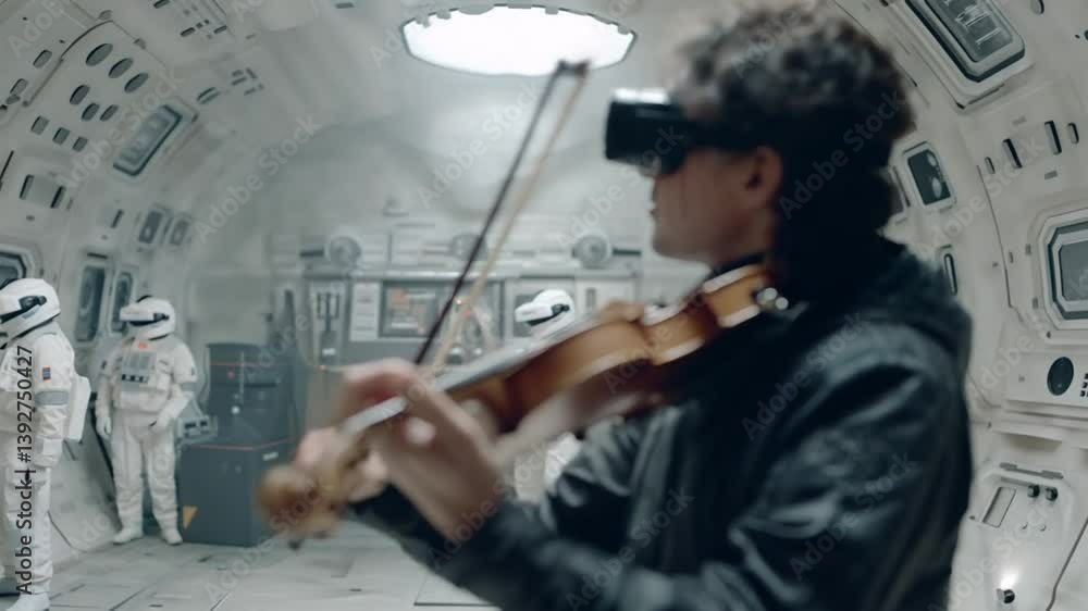 Poster violinist in virtual reality sci-fi performance generative ai