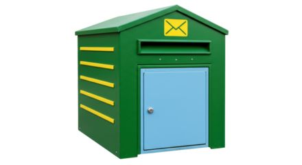 Isolated Green Metal Mailbox with Blue Door for Deliveries