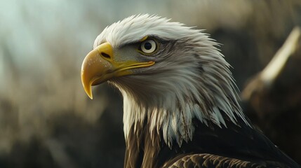 Obraz premium A striking close-up of a bald eagle’s head, showcasing its sharp beak and intense gaze against a blurred, dark background