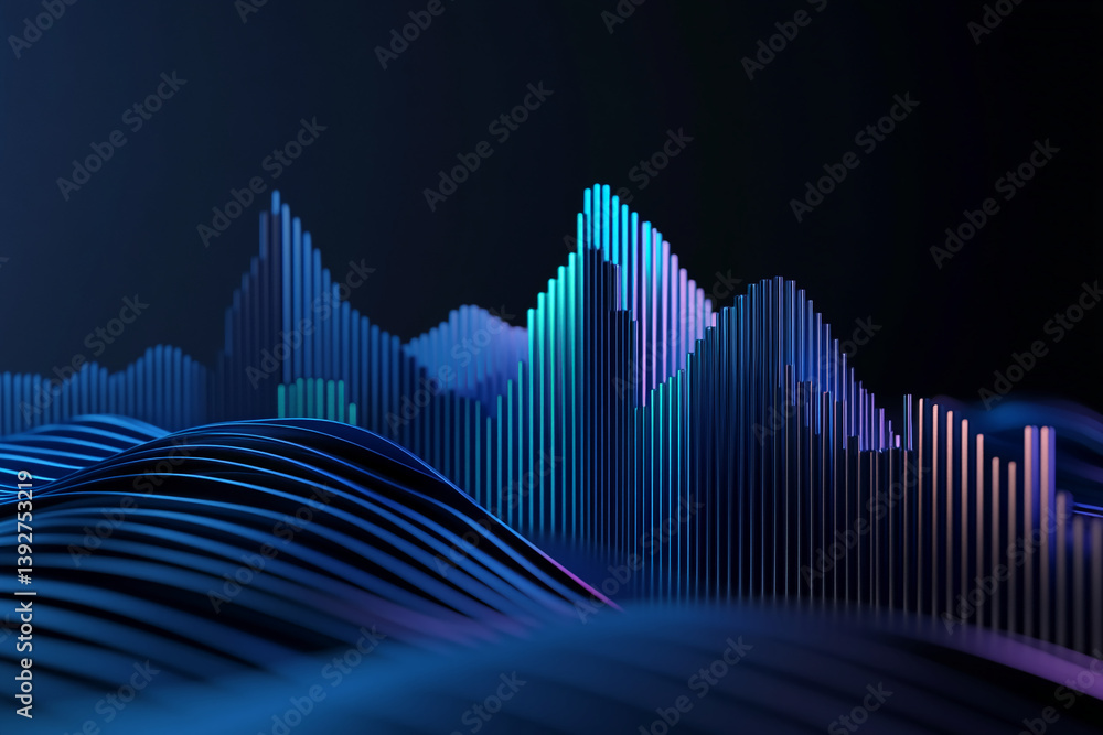 Poster abstract 3d rendering of blue and purple glowing lines forming waves and bars, creating a dynamic an