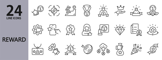 Reward line icons set with Award, Benefit, Goal, Success, Growth, Cup, Prize and more. Editable Stroke