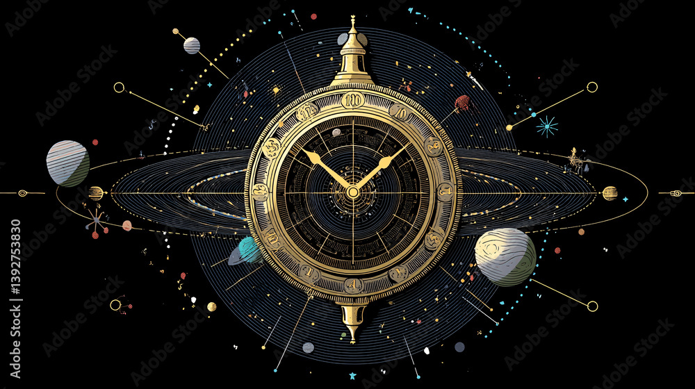 Poster a clock designed to run forever, using moving planets or other space objects to indicate the time ra