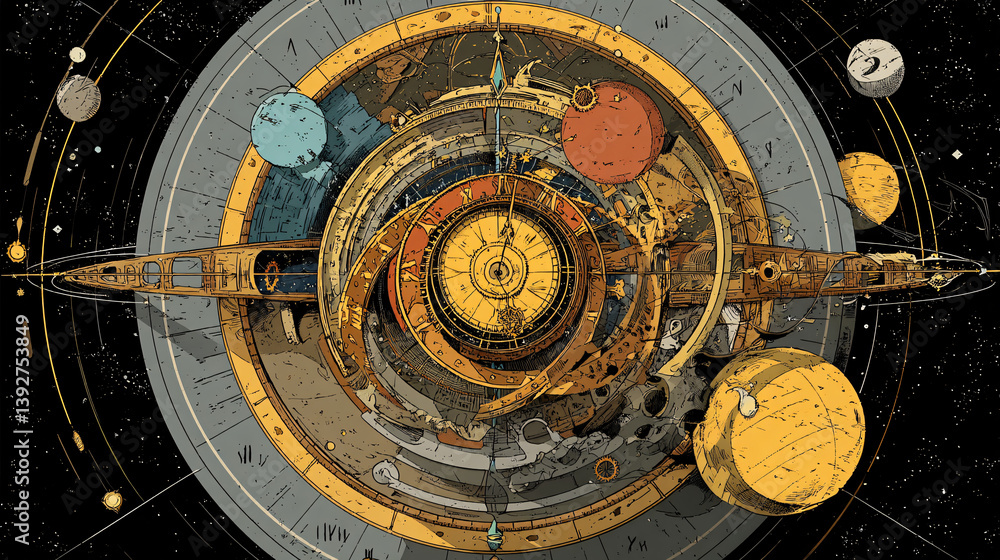 Poster a clock designed to run forever, using moving planets or other space objects to indicate the time ra