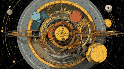 Obraz premium A clock designed to run forever, using moving planets or other space objects to indicate the time rather than traditional hands. 