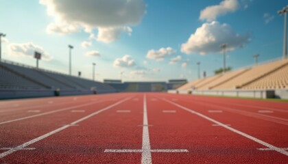 Empty running track in stadium. Red surface with white lines. Athletic lanes, sport field for training, competition. Blue sky with clouds background. Sport event, running, marathon, racing, fitness,