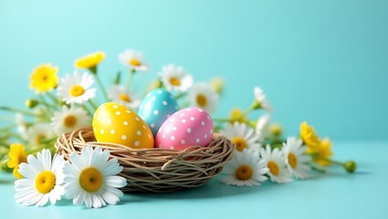 Fototapeta premium Easter Nest Colorful Eggs and Cheerful Daisies