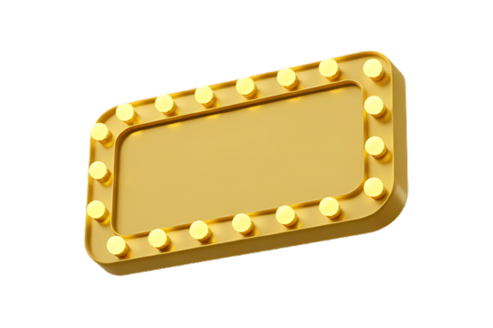 3d retro gold signboard with glowing yellow light bulb. Isolated on White Background. Cartoon plastic 3D style icon