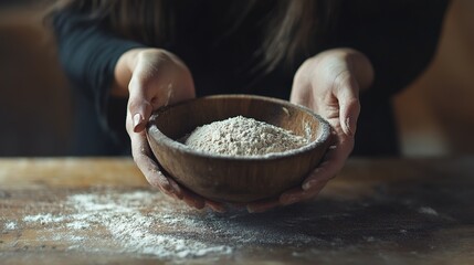 Woman holding wooden bowl with flour for baking homemade bread and pastries in kitchen for healthy eating