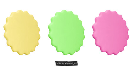 Set stickers, badges mockup. Blank labels of circle shapes with wavy edge. Vector illustration isolated on white. Copy space. Stickers or patches for preview tags, labels, design, presentation, adv