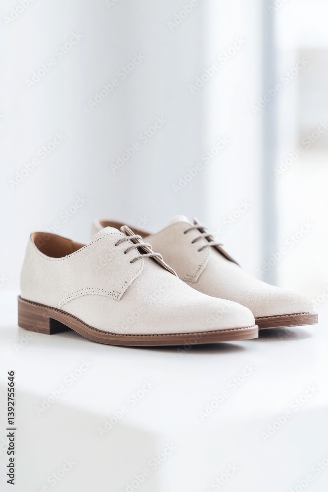 Poster close-up of minimalist shoes displayed on clean white surface with ample copy space for text or grap