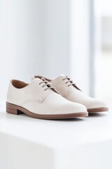 close-up of minimalist shoes displayed on clean white surface with ample copy space for text or graphics