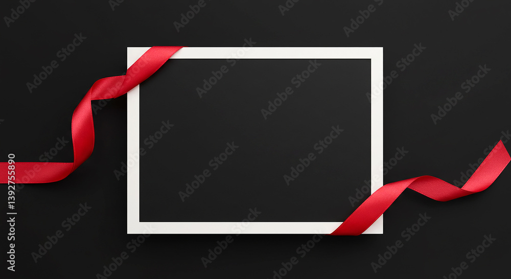 Poster white frame on black background. red ribbon wraps around the frame corners. simple border decor. mod
