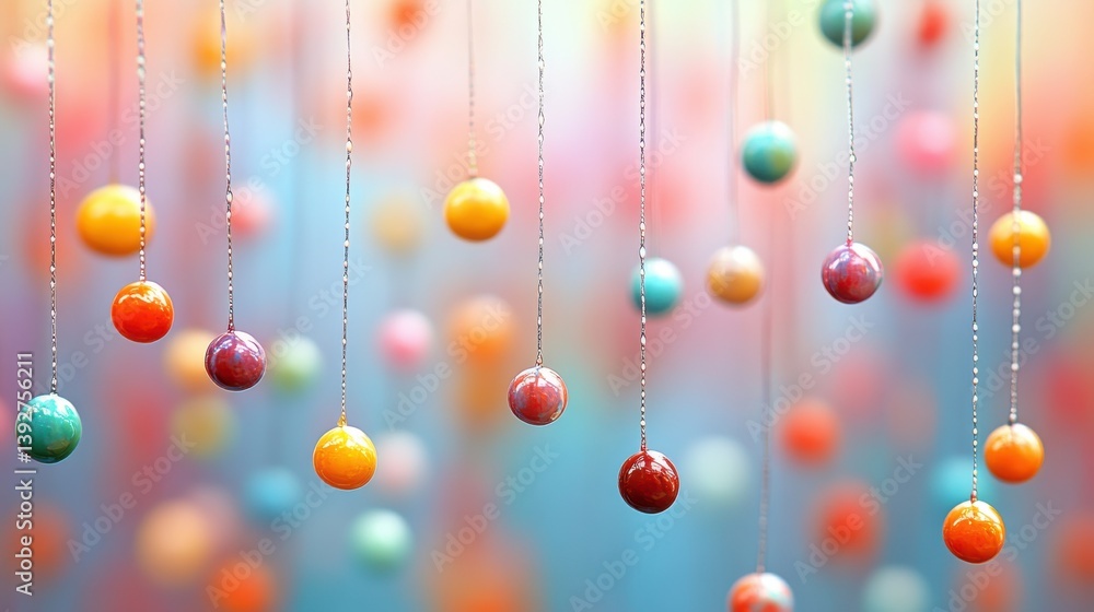 Poster colorful balls hanging from a string creating a playful and vibrant display for festive occasions