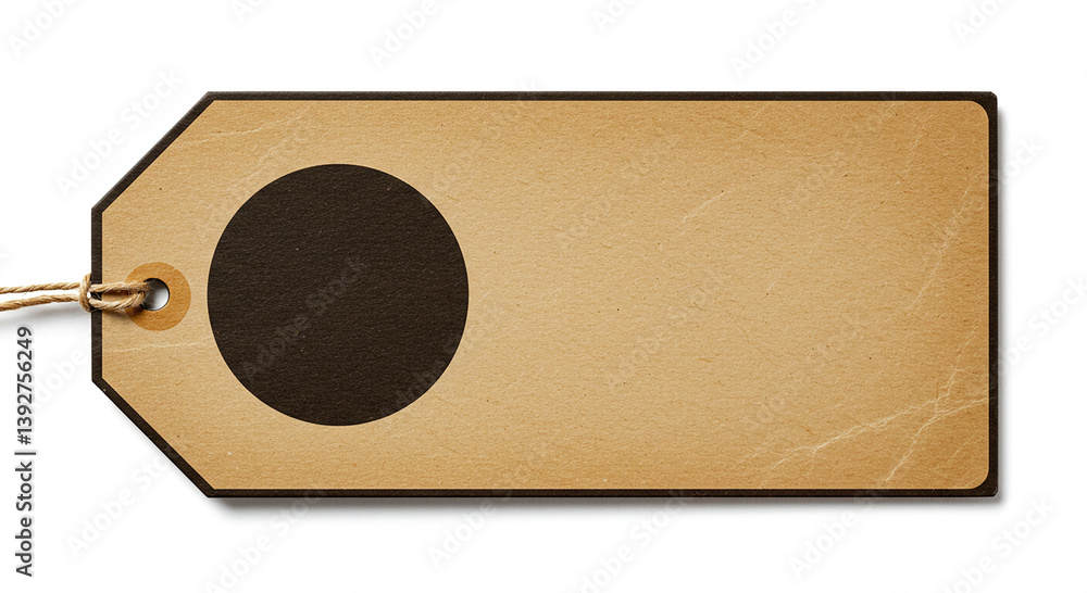 Poster paper tag. brown label with a dark circle. blank space for text. old style tag with string shows det