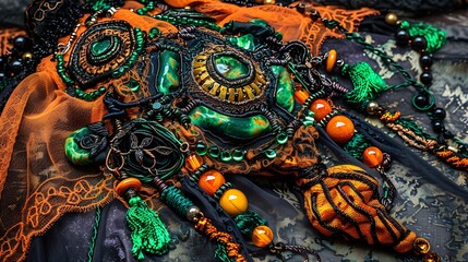 Elaborate and ornate jewelry with green and orange accents