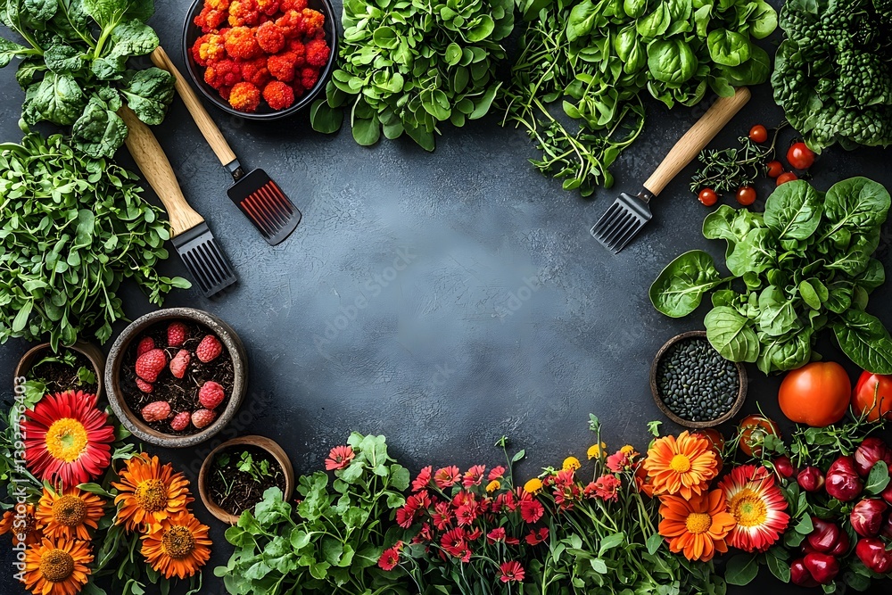 Poster vibrant array of fresh vegetables and greens on a dark background