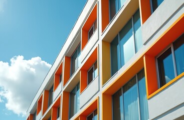 Fototapeta premium Modern building facade against blue sky. Exterior with colorful windows. Architecture, construction of apartment, office, house. New residential structure, building design, urban concept, real