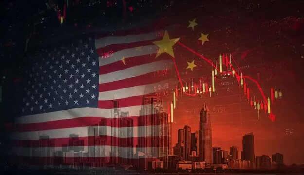 A US and Chinese flag is shown. The image is digitally enhanced. A large red and orange stock market chart with a downward trend is superimposed on the image, obscuring it and creating a sense of dept