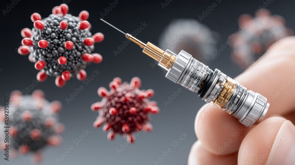 Poster close up of a hand holding a syringe with virus particles floating around it. dark background, 3d re
