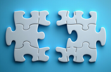 Ultra-realistic white jigsaw puzzle with a missing piece on a light blue background