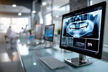 Naklejka premium A modern dental clinic displaying a panoramic X-ray and 3D tooth models on computer screens, showcasing dental technology for patient care and diagnostic excellence.