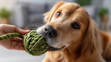 Golden Retriever dog pulling green rope toy with human hand indoors. Concept of bonding, pet care, and joyful interaction between dog and owner
