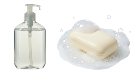 Isolated Soap Dispenser with Soap Bar and Bubbles