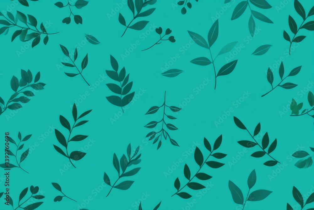 Poster a vibrant teal background adorned with various green leaves, creating a fresh and lively botanical p
