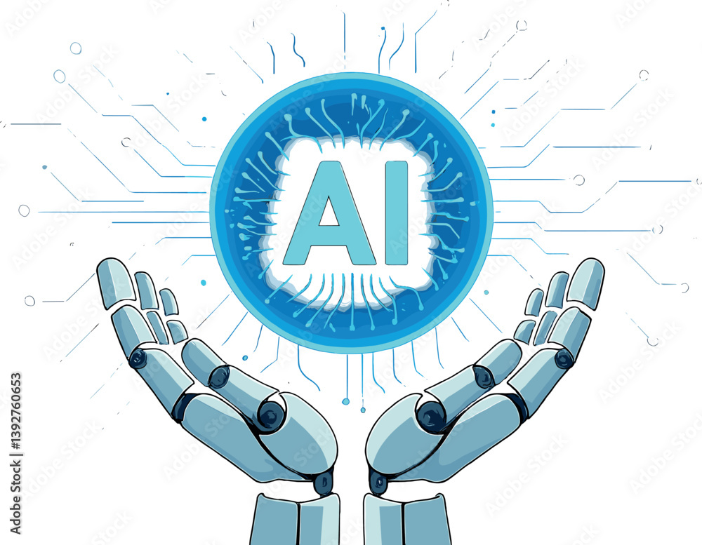 Poster futuristic concepts of artificial intelligence with robotic hands and digital circuitry
