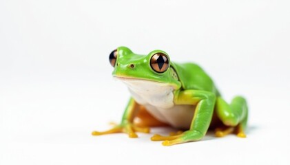 Single bright green frog on pure white backdrop, stark contrast, minimal, crisp