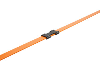 Close-up of an orange strap with a black buckle against a plain background