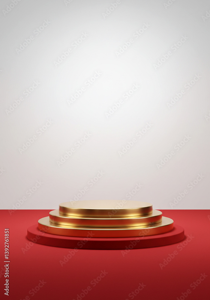 Poster red display platform. golden plates form stages. presentation podium on flat surface. showcase stand