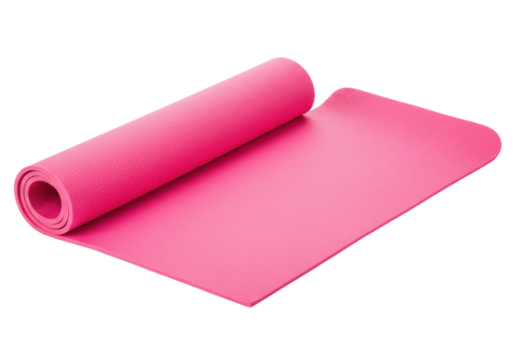 Vibrant pink yoga mat rolled out for exercise in a serene indoor setting